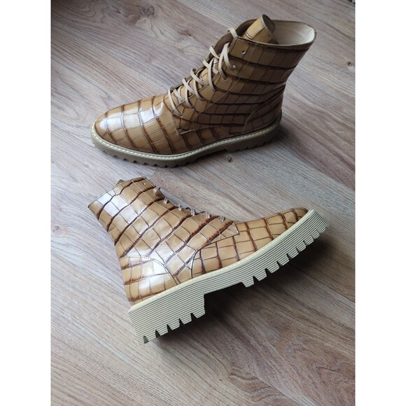 Freda Salvador Shoes - Freda Salvador Emi  Lug Sole Combat Croc Embossed Boots Tan Camel Womens 7